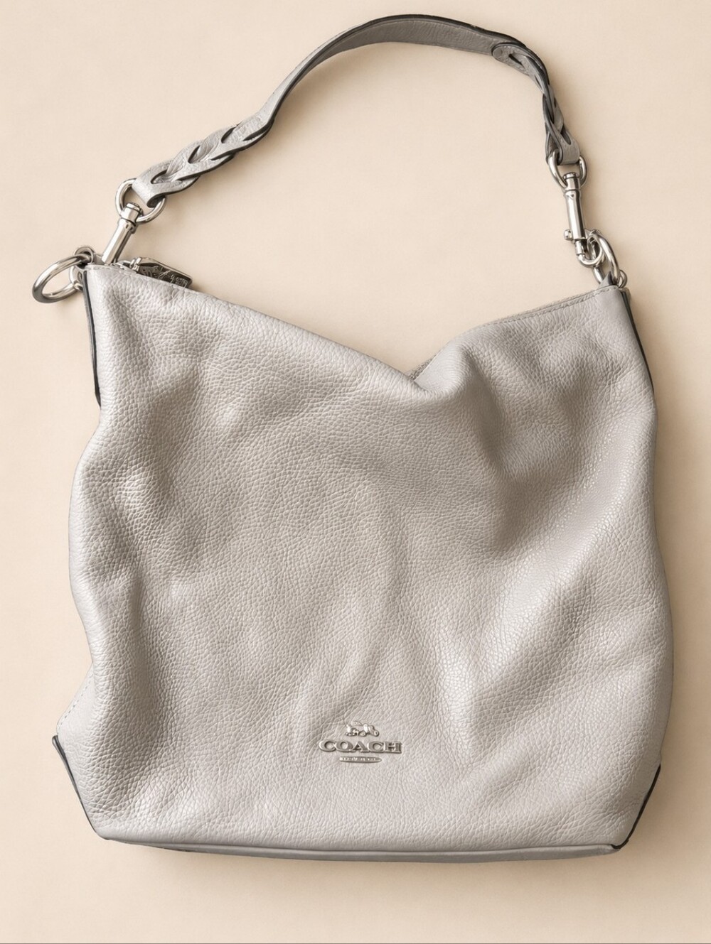 Coach Pebbled Leather Hobo Shoulder Bag Light Gray Silver Hardware